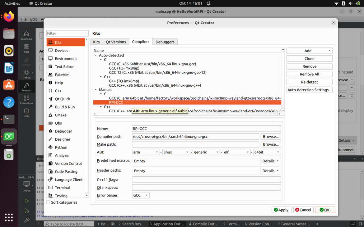 Qt 6.8 Cross-Compilation pro Raspberry Pi snímek obrazovky počítače