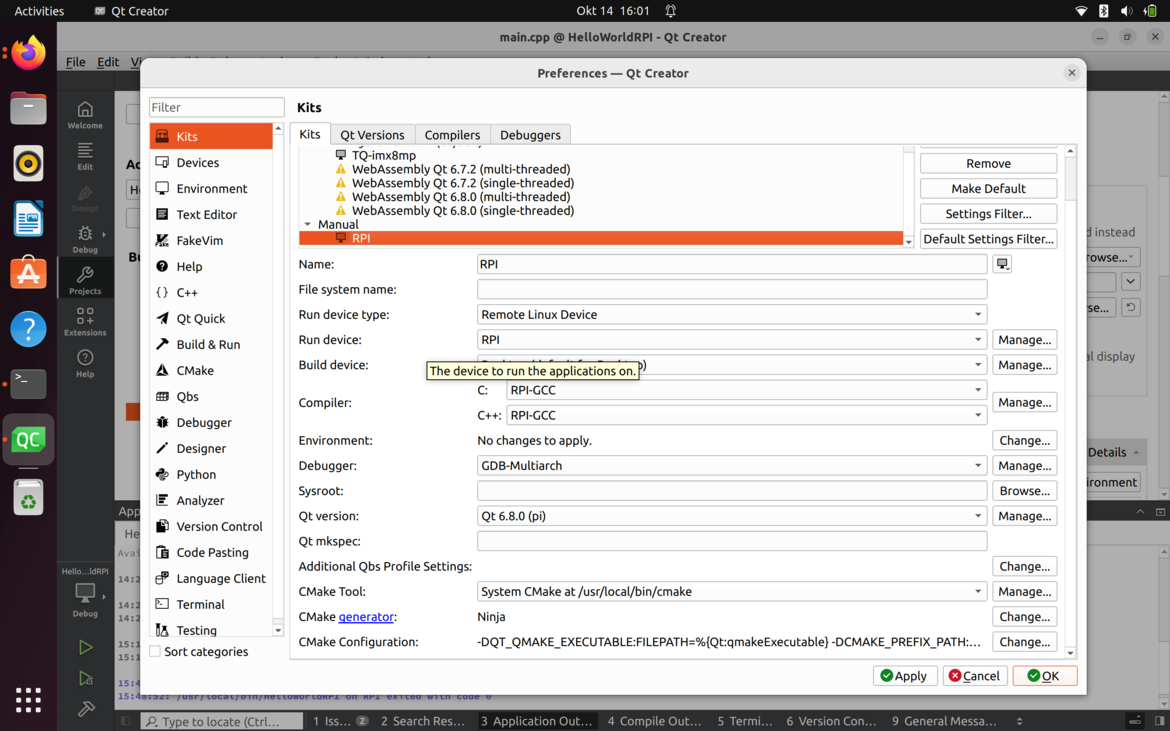 Qt 6.8 Cross-Compilation za Raspberry Pi posnetek zaslona računalnika