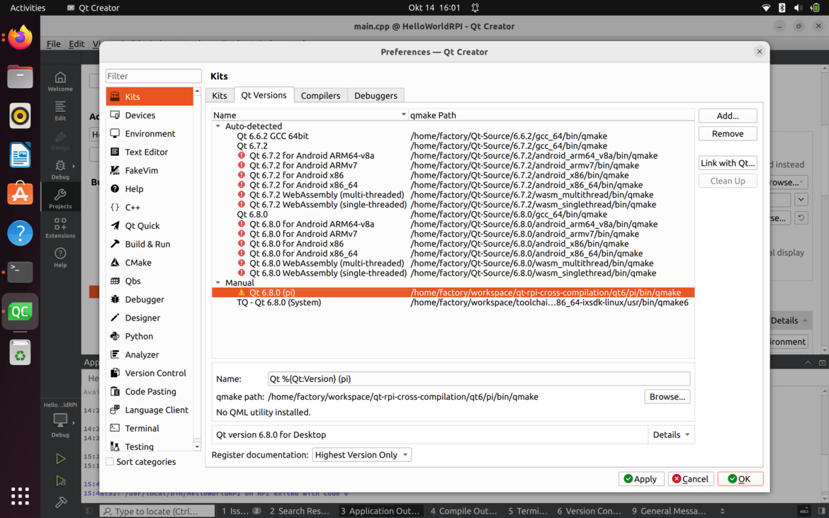 Qt 6.8 Cross-Compilation za Raspberry Pi posnetek zaslona računalnika